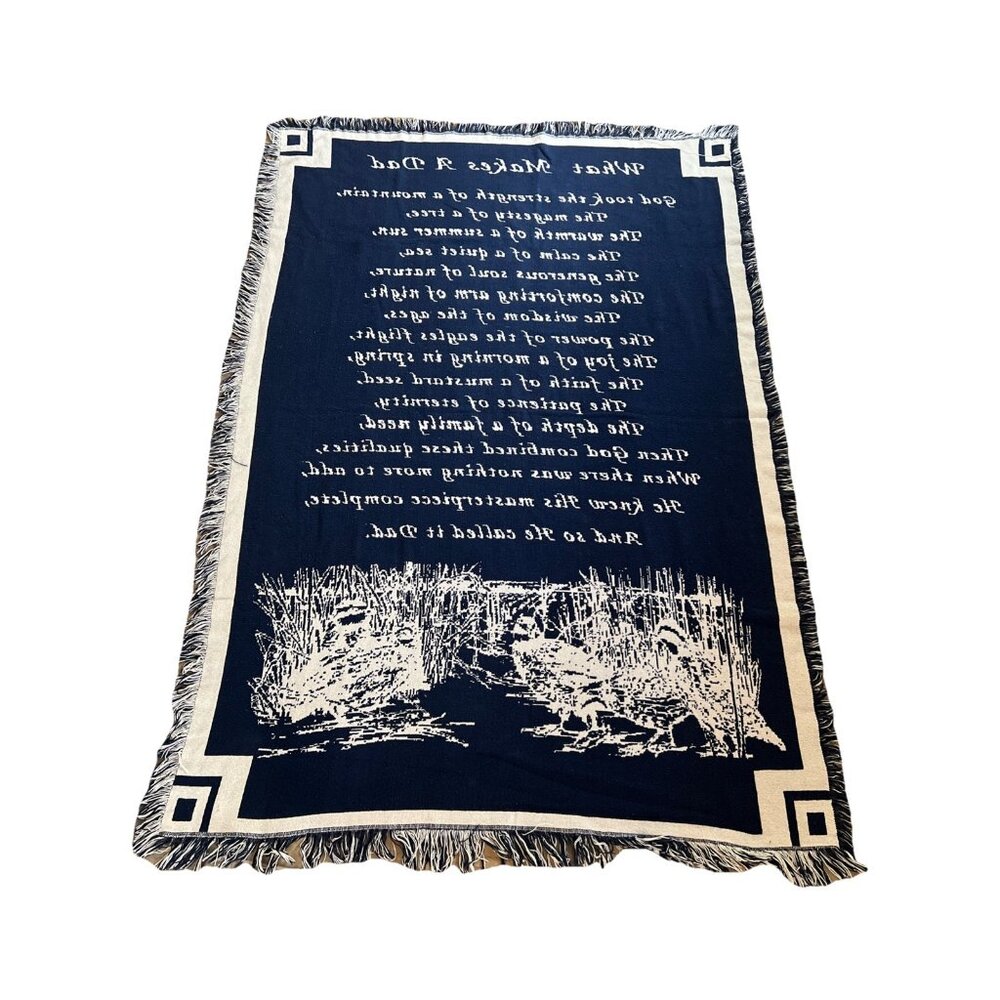 Woven Throw Blanket "What Makes A Dad" Blue Ivory Soft Woven Cotton 71" Long Vtg - Picture 3 of 11